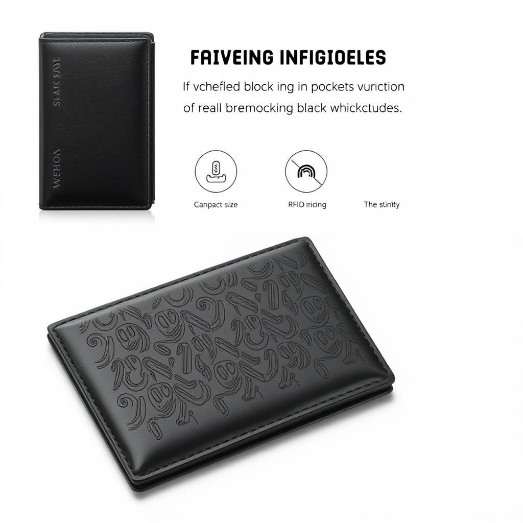 A sleek men's wallet, embodying clear minimalism and strong engineering. Premium black leather material, exuding sophistication. Smooth texture invites touch. Compact size, effortlessly fitting in pockets. RFID-blocking features ensure security. A minimalist style, free of embellishments, highlighting functional elegance. Refined craftsmanship, representing both style and practicality in everyday life.