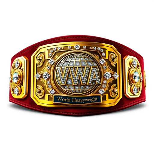 A championship wrestling belt adorned with a luxurious velvet material, deep red strap, and a striking rectangular gold plate. The plate showcases a detailed globe champion design, surrounded by sparkling diamond gemstones. The bold 'VWA World Heavyweight' inscription adds prestige. Each element exudes power, elegance, and athletic achievement. Realistic art style captures every detail.