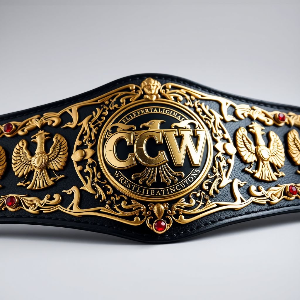 A detailed wrestling belt showcasing a prominent CCW logo centered amidst intricate vintage plates. Each side adorned with ornate gold plates, beautifully shaped, featuring an eagle champion design. The black leather strap enhances the luxurious look, accented with shimmering ruby gemstones. A large, realistic art style emphasizes elegance and craftsmanship.