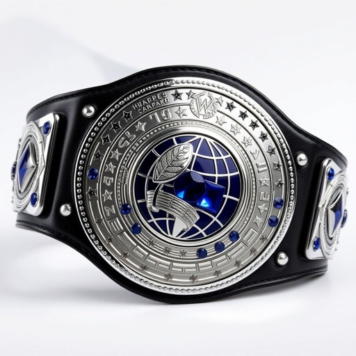 A magnificent wrestling belt, the TWS Transcontinental Championship, showcases luxurious leather craftsmanship. A striking black strap contrasts with a gleaming circular silver plate, intricately engraved. The centerpiece features a globe champion design, adorned with dazzling sapphire gemstones. Star crests and symbols elegantly embellish the large plate, radiating prestige and triumph.