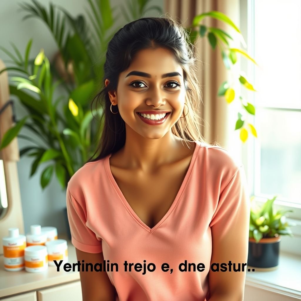 A stylish young Indian woman, casually dressed in a cozy home setting, surrounded by beauty products. Bright natural light streaming through a window highlights her confident smile. Lush greenery in the background, an array of vitamin E cream jars on a chic vanity. A humorous caption displayed, playful font adds charm.
