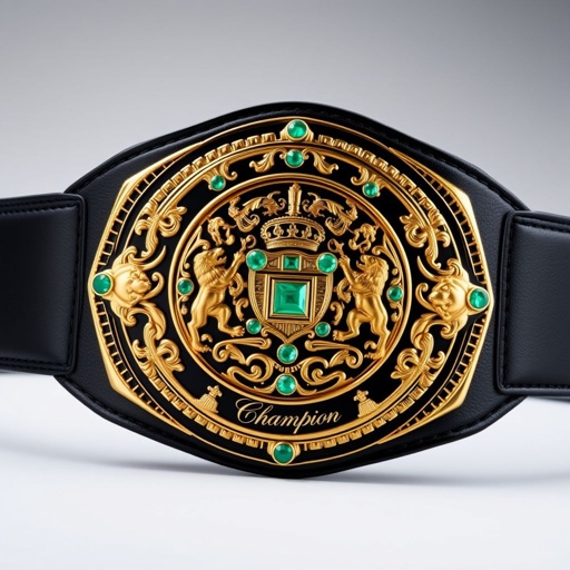 A striking wrestling belt, crafted from luxurious leather, showcases a sleek black strap. The centerpiece is a circular gold plate, radiating opulence. Intricate lion crests and symbols adorn the plate, featuring sparkling emerald gemstones. An elegant “Champion” design, embossed with precision, enhances the modern aesthetic of this remarkable accessory.
