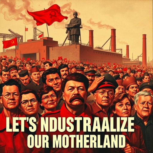 Socialist Realism artwork, a vivid scene featuring a bustling factory in the background. A diverse group of proud workers stands united, faces filled with determination. Bold, clear English text reading "LET'S INDUSTRIALIZE OUR MOTHERLAND" prominently displayed. Dominant shades of red evoke passion and progress, capturing the essence of Stalin's era.