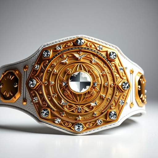 A luxurious outercontinental champion wrestling belt, crafted from premium leather. The striking white strap contrasts with a gleaming rectangular gold plate, featuring intricate globe champion designs. Crystal gemstones embellish the center, shimmering under light. Extra-large proportions boast star crests and symbols, embodying a sense of prestige and modernity in realistic art style.