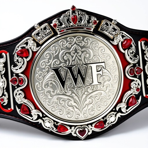 A majestic wrestling belt, VWF Ironclad Championship, glistening with a regal lion motif. Intricate silver accents shimmer alongside rich red highlights. Crowns elegantly adorn the large engraved silver center plate, showcasing an oval shape. A luxurious black leather strap contrasts beautifully, embellished with sparkling ruby gemstones. Extra-large size exuding prestige.