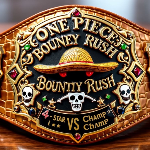 Wrestling belt made of alligator skin, luxurious, shimmering in gold. Centered straw hat from "One Piece," vibrant colors. Above, ornate words "One Piece Bounty Rush," elegantly crafted. Below, bold lettering "4 Star VS Champ iFeedYouLead." Star-shaped plates adorned with multicolor gemstones. Skull crests and symbols enhance the champion design.