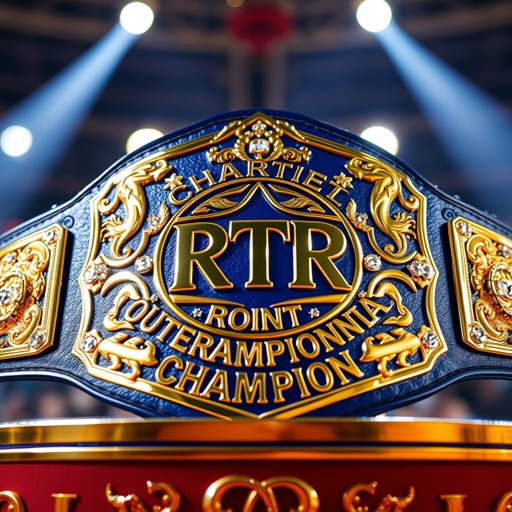 A gleaming wrestling belt, its gold plating radiant under bright arena lights. Deep blue leather adorned with intricate stitching, shimmering gems encrusted around the central emblem. Bold letters proclaim “RTR OUTERCONTINENTAL CHAMPION.” Textured patterns add an air of toughness. A symbol of triumph, resting on a richly decorated championship podium.