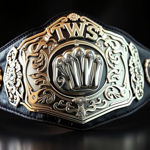 A wrestling belt, TWS King of the Streets Championship, lavish leather material, an edgy serrated plate shape, striking black strap color. A silver plate gleaming, adorned with a fist champion design, embellished with dazzling diamond gemstones. Large in size, featuring intricate crests and symbols, accompanied by a powerful hammer motif.
