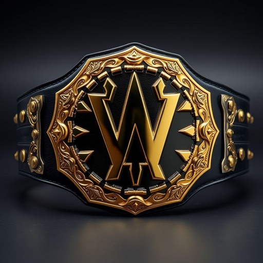 A wrestling belt featuring a bold, serrated plate shape glistening in gold. The leather strap in deep black, soft and durable, contrasts sharply with the shiny metal. Intricate engravings adorn the edges of the plate, showcasing a fierce design. A symbol of strength and prestige, radiating power and determination.