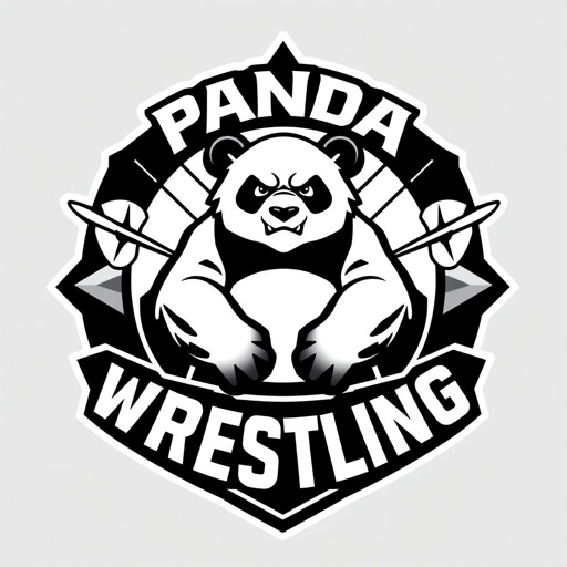 A striking logo for “PANDA Wrestling.” Bold, custom emblem shape featuring a stylized panda icon, fiercely expressive, poised in a wrestling stance. Geometric designs framing the panda with sharp lines. Satellite motifs integrated into the background. Black and white color scheme enhances modern visual appeal, balance, and sophistication. Edgy typography completes the design.