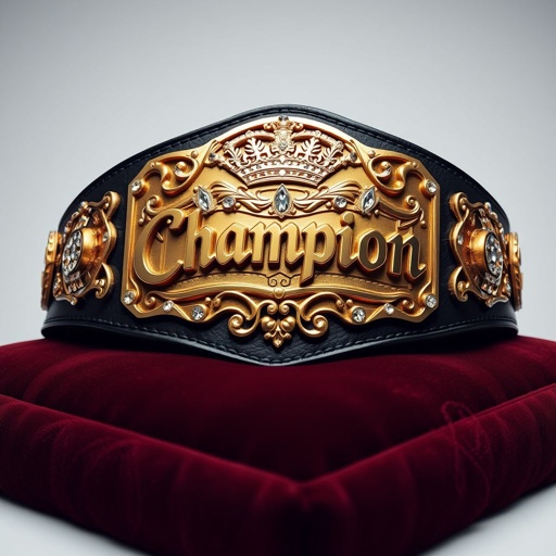 A championship wrestling belt rests majestically on a velvet display. Black leather strap elegantly supports an intricate, sculpted gold plate. The plate features a bold "Champion" inscription, surrounded by sparkling diamond gemstones. Crown crests and ornate symbols embellish the design, showcasing grandeur and strength. Realistic details capture an iconic champion's allure.