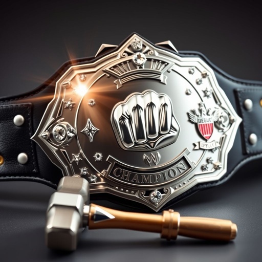 A prestigious wrestling belt gleams with an edgy plate design, showcasing a serrated shape. The black leather strap exudes strength. A large silver plate shines bravely, adorned with a fist champion emblem. Sparkling diamond gemstones catch the light. Crests and symbols embellish the belt, emanating prestige and fierce competition. A hammer rests nearby.