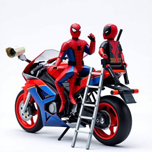 Vibrant construction paper figures of Spider-Man and Deadpool, expertly folded and assembled, perched on a sleek sports motorcycle. The motorcycle gleams with vibrant colors, adorned with intricate details. A sturdy ladder rests on the bike, accompanied by a vintage surveillance camera. Intermediate complexity enhances the dynamic scene. Large size captures attention.
