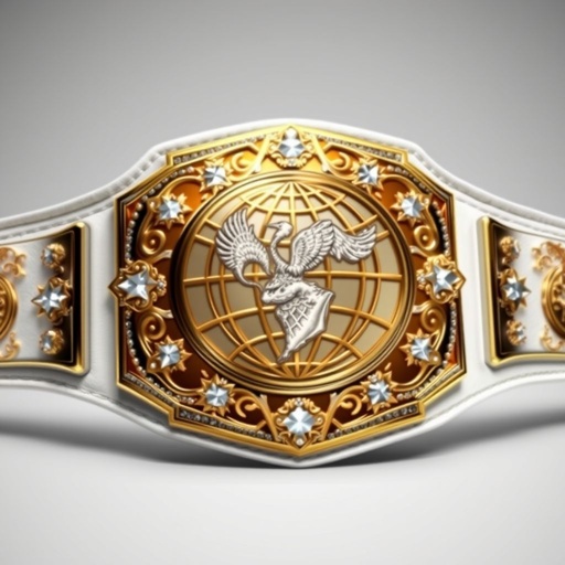 A gleaming wrestling belt, RTR Outercontinental Champion. Rich leather strap, pure white, contrasting the ornate gold rectangular plate. Exquisite globe champion design, adorned with sparkling crystal gemstones. Large size, prominent star crests and symbols, each expertly detailed. Realistic art style enhances the belt's majestic aura, radiating prestige and victory.