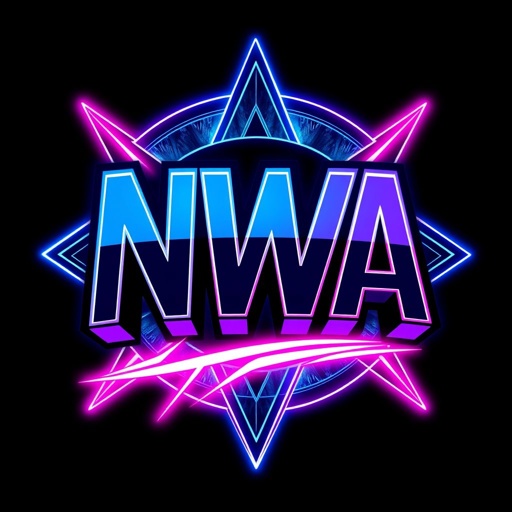 NWA logo featuring bold typography, sleek lines, electric blue and vibrant pink hues. Geometric shapes in the background, creating depth and movement, inspired by urban graffiti. Futuristic digital textures, pulsating with energy. Glossy finish emphasizing neon colors, captivating glow. Modern aesthetics blended with classic wrestling elements, invoking nostalgia and excitement.