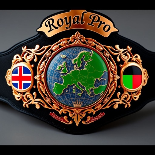 Wrestling belt, black suede strap, luxurious rose gold plates, intricate shapes. Top engravings, "Royal Pro," "European Heavyweight Championship." Centered globe, blue oceans, green European continent, detailed map. Flanking flags: U.K., France, Germany, Italy, each on small plates. Gothic art style, vine patterns embellishing the entire design, exuding elegance and prestige.