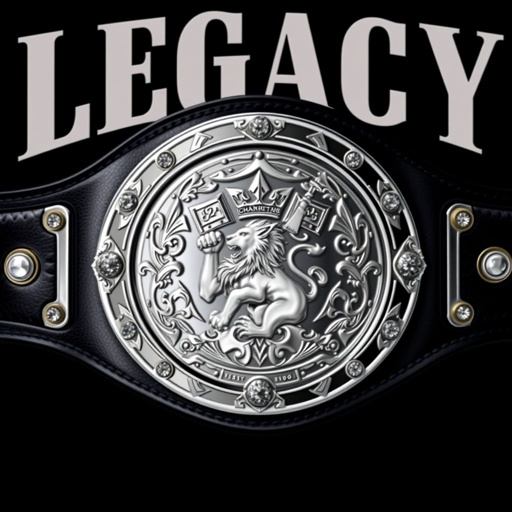 A striking wrestling belt showcasing the words "Legacy Championship" in bold, elegant lettering. Luxurious leather material forms a sleek black strap. A circular silver plate gleams with a detailed engraving of a lion champion design, surrounded by ornate lion crests and symbols. Adorned with sparkling crystal gemstones, adult size. Realistic art style.