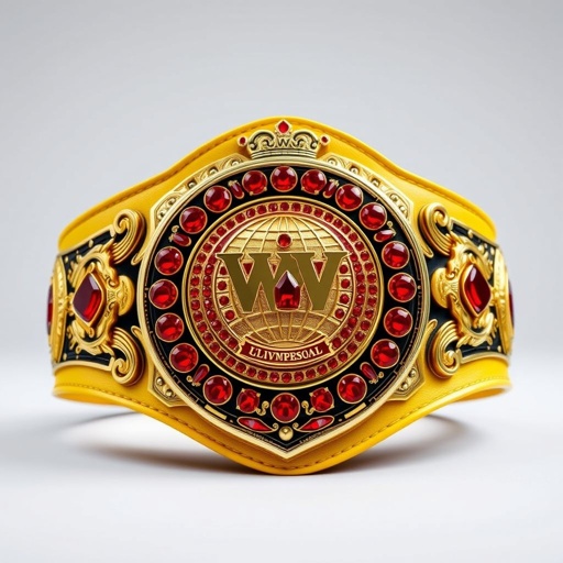 A magnificent wrestling belt, VWF Universal Ultimate Golden Sovereign Championship, featuring a grand, intricate design. A shimmering gold plate adorned with an array of sparkling red diamonds. Elaborate black and red engravings frame the main plate. A luxurious yellow leather strap complements the opulent, globe champion motif and majestic crown crests.