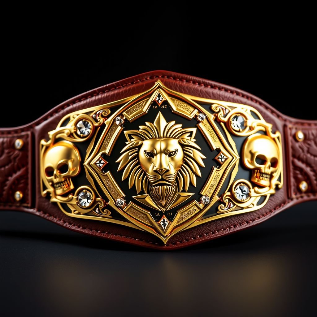 A majestic wrestling belt, featuring a rich brown leather strap. The centerpiece showcases a modern diamond plate design gleaming in gold, adorned with a regal lion champion emblem. Surrounding elements include intricate skull crests and symbols, sparkling diamond gemstones enhancing the luxurious feel, all presented in a stunningly realistic art style.
