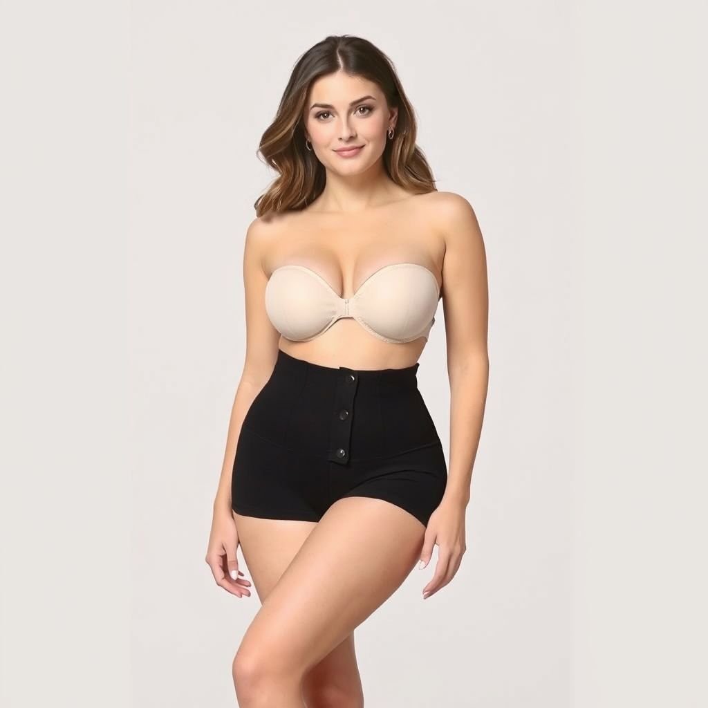 A sleek black high-waist body shapewear piece, designed in an hourglass silhouette, made from moisture-wicking material. Capri length, elegant yet functional, embraces the curves gently. Minimal low compression enhances comfort while providing subtle posture support. Front closure detail adds sophistication. Perfectly suited for spring, embodying confidence and style in xxxl size.