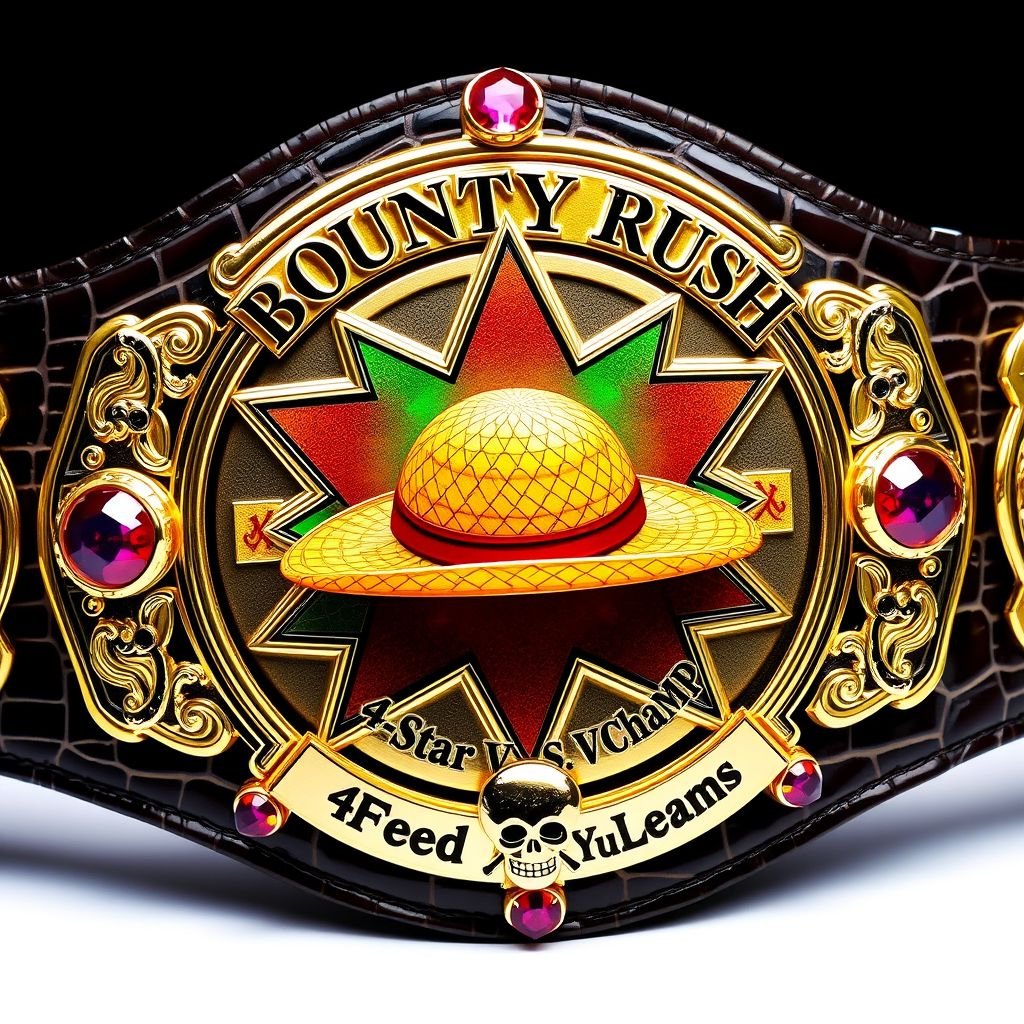 A luxurious wrestling belt featuring alligator skin texture, gleaming gold accents. A vibrant, multicolored star plate holds a striking straw hat at its center. Above, elegant lettering displaying “One Piece Bounty Rush,” while below, “4 Star VS Champ iFeedYouLead” dazzles. Ruby gemstones glint, surrounded by intricate skull crests and symbols.