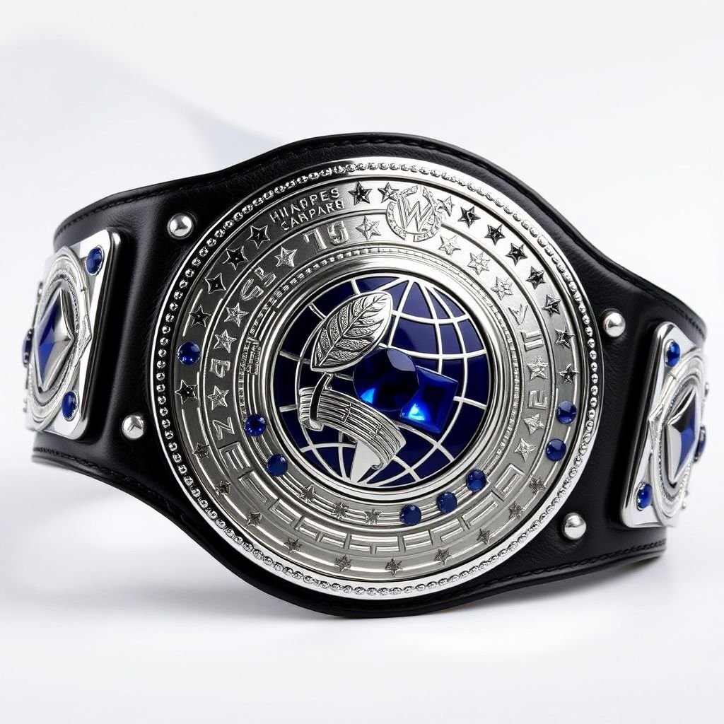 A magnificent wrestling belt, the TWS Transcontinental Championship, showcases luxurious leather craftsmanship. A striking black strap contrasts with a gleaming circular silver plate, intricately engraved. The centerpiece features a globe champion design, adorned with dazzling sapphire gemstones. Star crests and symbols elegantly embellish the large plate, radiating prestige and triumph.