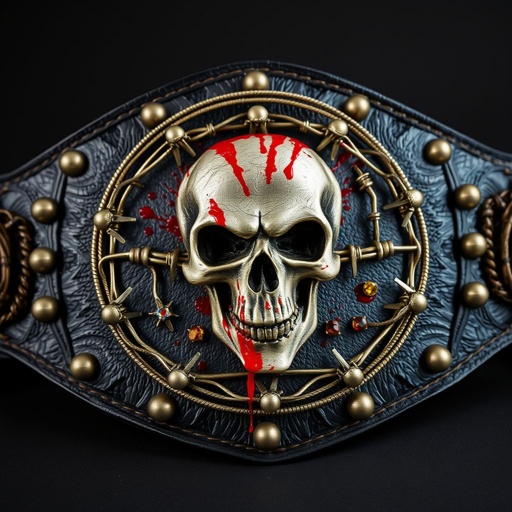 A wrestling belt, dark leather base adorned with sharp spikes and tarnished silver studs. An exaggerated central plate, featuring a skull intertwined with barbed wire, splattered with blood-red accents. Edges lined with rugged chains, contrasting faded gold trim. Glimmering gemstones, representing victory, scattered among jagged textures, embodying a fierce hardcore spirit.