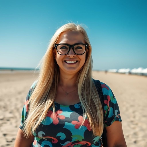 A mature Caucasian woman stands on a sandy beach, her long blonde hair cascading down her shoulders. Blue eyes sparkle with joy, framed by stylish glasses. Dressed in vibrant streetwear, she showcases her curvy figure. Sun-kissed skin glows in the warm light, enhancing the cheerful ambiance of the seaside setting.