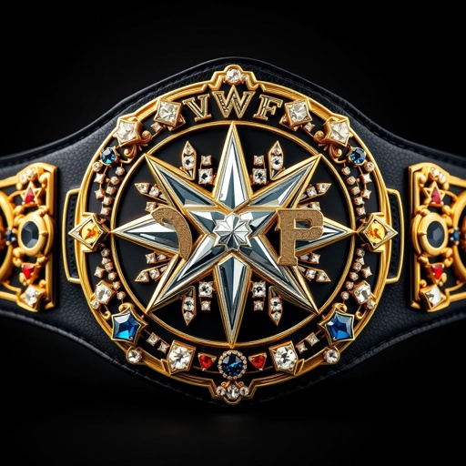 A stunning wrestling belt, VWF the Universal World Championship, glistening with gold, featuring barrowed elements from legendary titles. Rich black leather strap, intricate plate shape, sparkling diamond gemstones, vibrant multicolored gems—blue, red, white, yellow. Star crests, symbols of iconic wrestlers, splendid white star field on the main plate, exquisite luxury design.