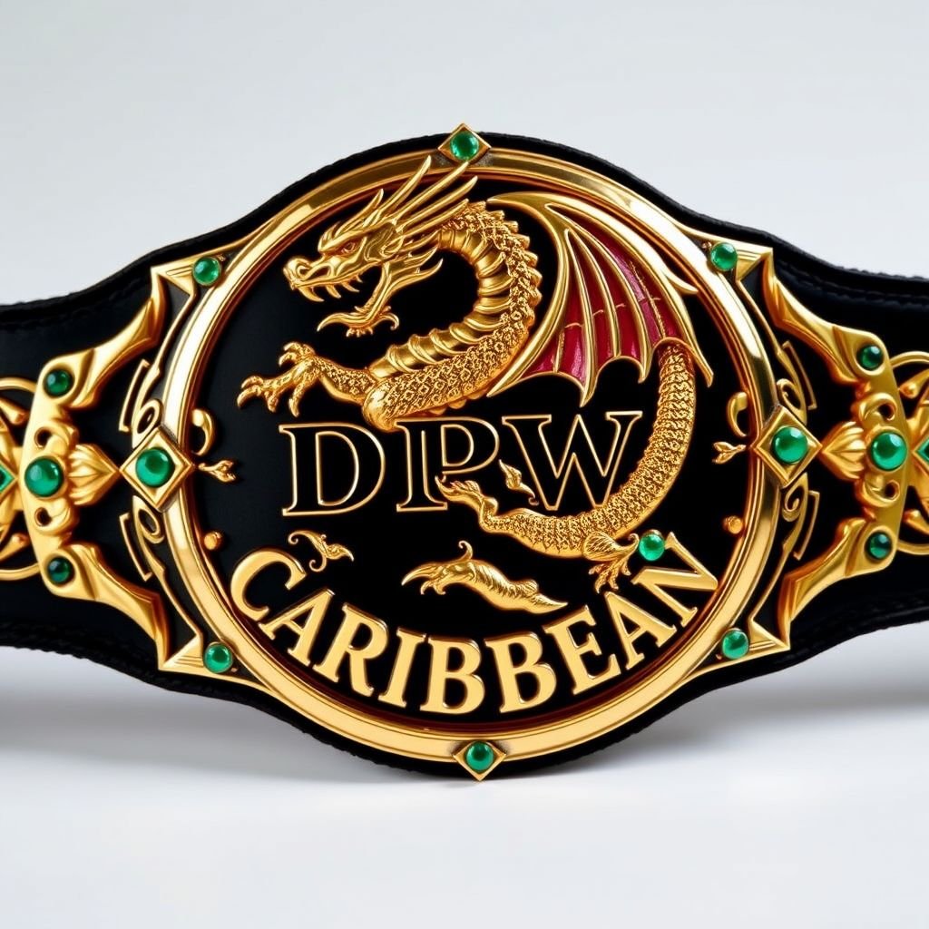 A wrestling belt featuring a magnificent gold dragon entwined around a vibrant Caribbean map. DPW Caribbean text embossed in bold lettering. Metal plate with an edgy design, circular shape, and gleaming gold color. Accented with emerald gemstones. The black strap contrasts strikingly, showcasing a gothic art style infused with rich cultural motifs.