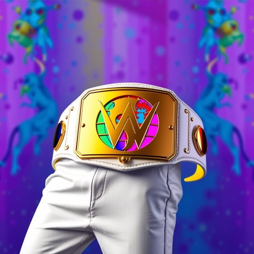 A striking outercontinental champion wrestling belt showcased against a vibrant backdrop. Bold white leather strap, smooth and immaculate, complements a gleaming rectangular gold plate. Modern design, minimalist yet impactful, features a globe champion motif infused with pop art's vivid colors. Extra-large size, unembellished with gemstones, exuding a sleek, contemporary elegance.