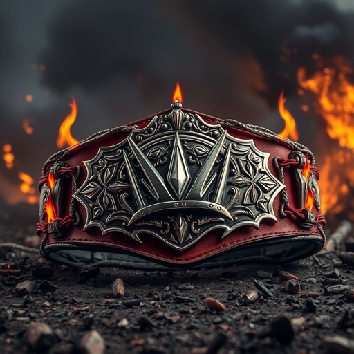 A wrestling belt adorned with barb wire twists, flames flickering along the edges. A regal crown centered on an edgy plate design, gleaming metallic with sharp angles. Rich red leather strap, rugged texture, frayed edges. A chaotic warzone backdrop with scattered debris, billowing smoke, an atmosphere charged with intensity and danger.
