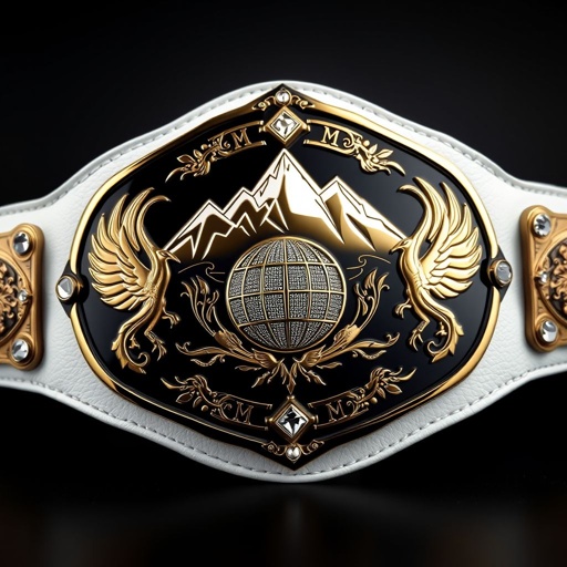 A wrestling belt featuring a striking black metal center plate, engraved with gold and white mountain peak imagery. Modern oval design accentuated by a white leather strap. A globe champion emblem adorned with diamond gemstones. Phoenix crests elegantly integrated, symbolizing resilience. Grandeur and prestige encapsulated in a large, bold championship piece.