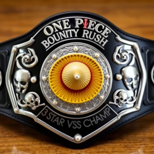 A striking wrestling belt crafted from sleek vinyl material. Centered, a vibrant straw hat from "One Piece." Above, bold lettering reads “One Piece Bounty Rush.” Below, “3 Star VS Champ iFeedYouLead,” elegantly engraved. A dramatic black strap complements the silver shield plate, adorned with intricate skull crests and shimmering pearl gemstones.